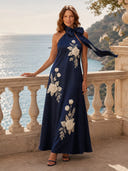 Satin A Line Halter Sleeveless Long Cocktail Dresses