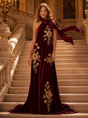 Velvet A Line Halter Sleeveless Long Cocktail Dresses with 3D Flower