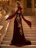 Velvet A Line Halter Sleeveless Long Cocktail Dresses with 3D Flower