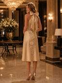 Satin A Line Halter Sleeveless Long Cocktail Dresses with Beadings