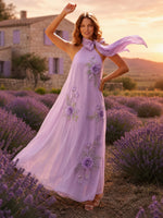 Tulle A Line Halter Sleeveless Long Cocktail Dresses with Bow