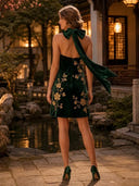 Velvet A Line Halter Sleeveless Short Cocktail Dresses with Flower