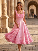 Satin A Line Square Neck Spaghetti Straps Midi Cocktail Dresses with 3D Flower