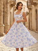 Jacquard A Line Square Neck Spaghetti Straps Tea Length Cocktail Dresses with Bow