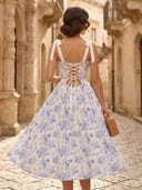 Jacquard A Line Square Neck Spaghetti Straps Tea Length Cocktail Dresses with Bow