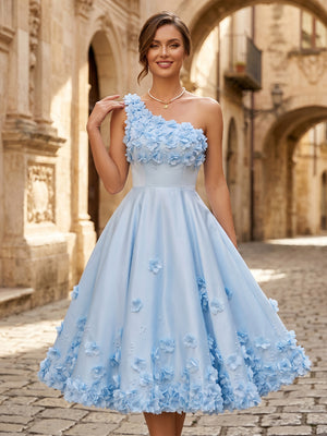 Satin A Line One Shoulder Tea Length Cocktail Dresses with 3D Flower