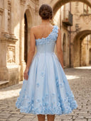 Satin A Line One Shoulder Tea Length Cocktail Dresses with 3D Flower