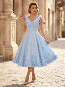 Satin A Line V Neck Midi Length Cocktail Dresses with 3D Flower