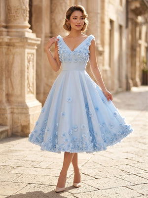 Satin A Line V Neck Midi Length Cocktail Dresses with 3D Flower