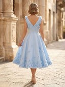 Satin A Line V Neck Midi Length Cocktail Dresses with 3D Flower
