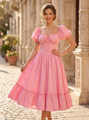Chiffon A Line Sweetheart Short Sleeves Midi Length Cocktail Dresses with Corset