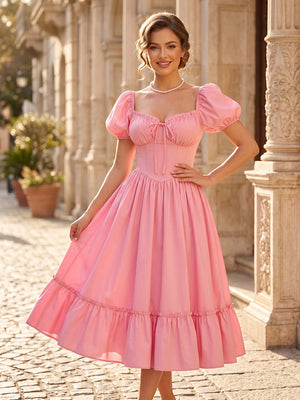 Chiffon A Line Sweetheart Short Sleeves Midi Length Cocktail Dresses with Corset