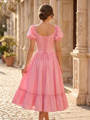 Chiffon A Line Sweetheart Short Sleeves Midi Length Cocktail Dresses with Corset