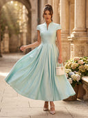 Satin A Line V Neck Short Sleeves Ankle Length Cocktail Dresses with Pockets