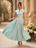 Satin A Line V Neck Short Sleeves Ankle Length Cocktail Dresses with Pockets
