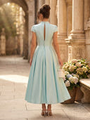 Satin A Line V Neck Short Sleeves Ankle Length Cocktail Dresses with Pockets