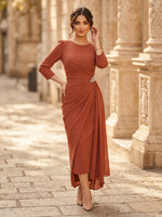 Chiffon Sheath Scoop Neck Long Sleeves Ankle Length Cocktail Dresses with Pleats