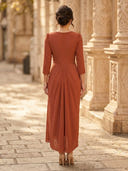 Chiffon Sheath Scoop Neck Long Sleeves Ankle Length Cocktail Dresses with Pleats