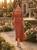Chiffon Sheath Scoop Neck Long Sleeves Ankle Length Cocktail Dresses with Pleats