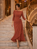 Chiffon Sheath Scoop Neck Long Sleeves Ankle Length Cocktail Dresses with Pleats