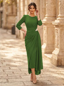 Chiffon Sheath Scoop Neck Long Sleeves Ankle Length Cocktail Dresses with Pleats