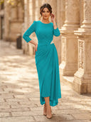 Chiffon Sheath Scoop Neck Long Sleeves Ankle Length Cocktail Dresses with Pleats