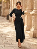 Chiffon Sheath Scoop Neck Long Sleeves Ankle Length Cocktail Dresses with Pleats