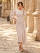 Chiffon Sheath Scoop Neck Long Sleeves Ankle Length Cocktail Dresses with Pleats