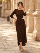 Chiffon Sheath Scoop Neck Long Sleeves Ankle Length Cocktail Dresses with Pleats