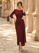Chiffon Sheath Scoop Neck Long Sleeves Ankle Length Cocktail Dresses with Pleats