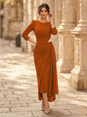 Chiffon Sheath Scoop Neck Long Sleeves Ankle Length Cocktail Dresses with Pleats