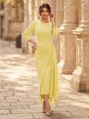 Chiffon Sheath Scoop Neck Long Sleeves Ankle Length Cocktail Dresses with Pleats