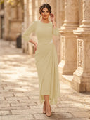 Chiffon Sheath Scoop Neck Long Sleeves Ankle Length Cocktail Dresses with Pleats