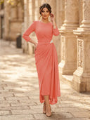 Chiffon Sheath Scoop Neck Long Sleeves Ankle Length Cocktail Dresses with Pleats