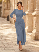 Chiffon Sheath Scoop Neck Long Sleeves Ankle Length Cocktail Dresses with Pleats