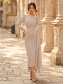 Chiffon Sheath Scoop Neck Long Sleeves Ankle Length Cocktail Dresses with Pleats