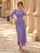 Chiffon Sheath Scoop Neck Long Sleeves Ankle Length Cocktail Dresses with Pleats