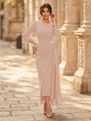 Chiffon Sheath Scoop Neck Long Sleeves Ankle Length Cocktail Dresses with Pleats