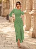 Chiffon Sheath Scoop Neck Long Sleeves Ankle Length Cocktail Dresses with Pleats