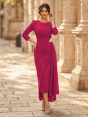 Chiffon Sheath Scoop Neck Long Sleeves Ankle Length Cocktail Dresses with Pleats