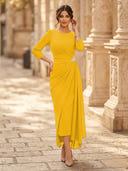 Chiffon Sheath Scoop Neck Long Sleeves Ankle Length Cocktail Dresses with Pleats