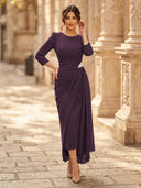 Chiffon Sheath Scoop Neck Long Sleeves Ankle Length Cocktail Dresses with Pleats
