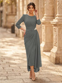 Chiffon Sheath Scoop Neck Long Sleeves Ankle Length Cocktail Dresses with Pleats