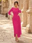 Chiffon Sheath Scoop Neck Long Sleeves Ankle Length Cocktail Dresses with Pleats