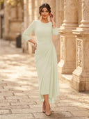 Chiffon Sheath Scoop Neck Long Sleeves Ankle Length Cocktail Dresses with Pleats