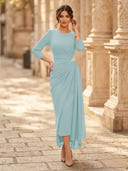 Chiffon Sheath Scoop Neck Long Sleeves Ankle Length Cocktail Dresses with Pleats