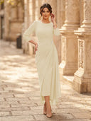 Chiffon Sheath Scoop Neck Long Sleeves Ankle Length Cocktail Dresses with Pleats