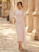 Chiffon Sheath Scoop Neck Long Sleeves Ankle Length Cocktail Dresses with Pleats