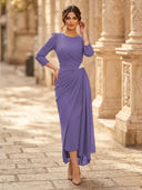 Chiffon Sheath Scoop Neck Long Sleeves Ankle Length Cocktail Dresses with Pleats