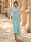 Chiffon Sheath Scoop Neck Long Sleeves Ankle Length Cocktail Dresses with Pleats